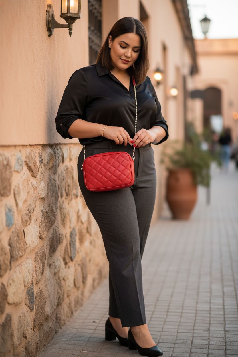 Red quilted crossbody bag by Generic, stylishly accentuating a chic outfit in a cozy setting.