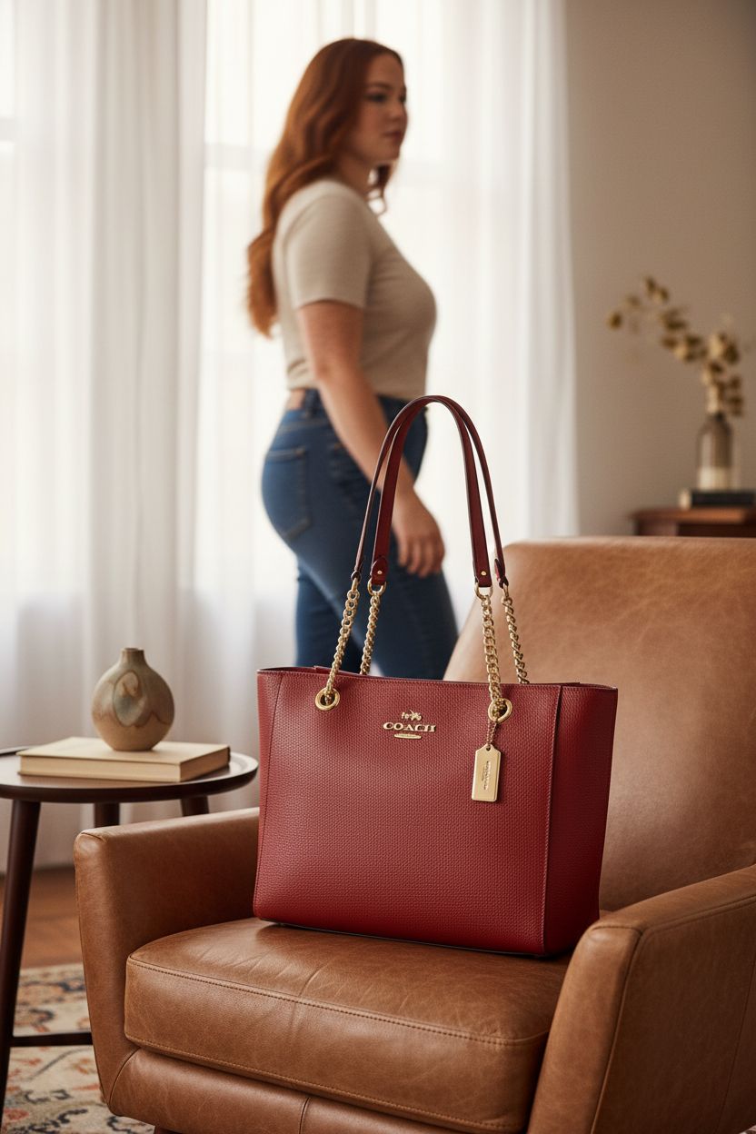 COACH Cammie Chain Tote resting on a caramel leather chair in a cozy morning setting.