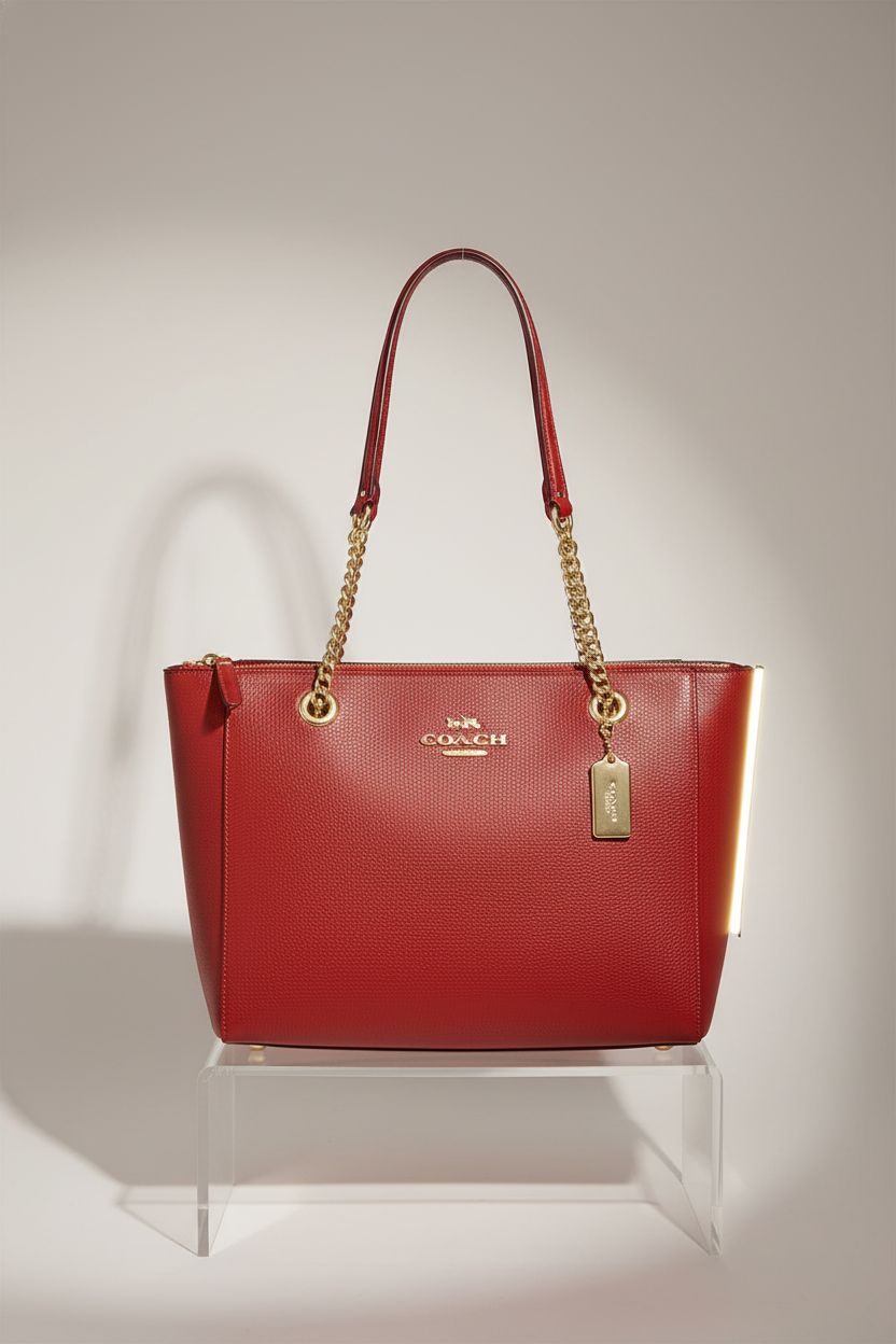 Close-up of COACH Cammie Chain Tote in Red Apple on a minimalist editorial set.