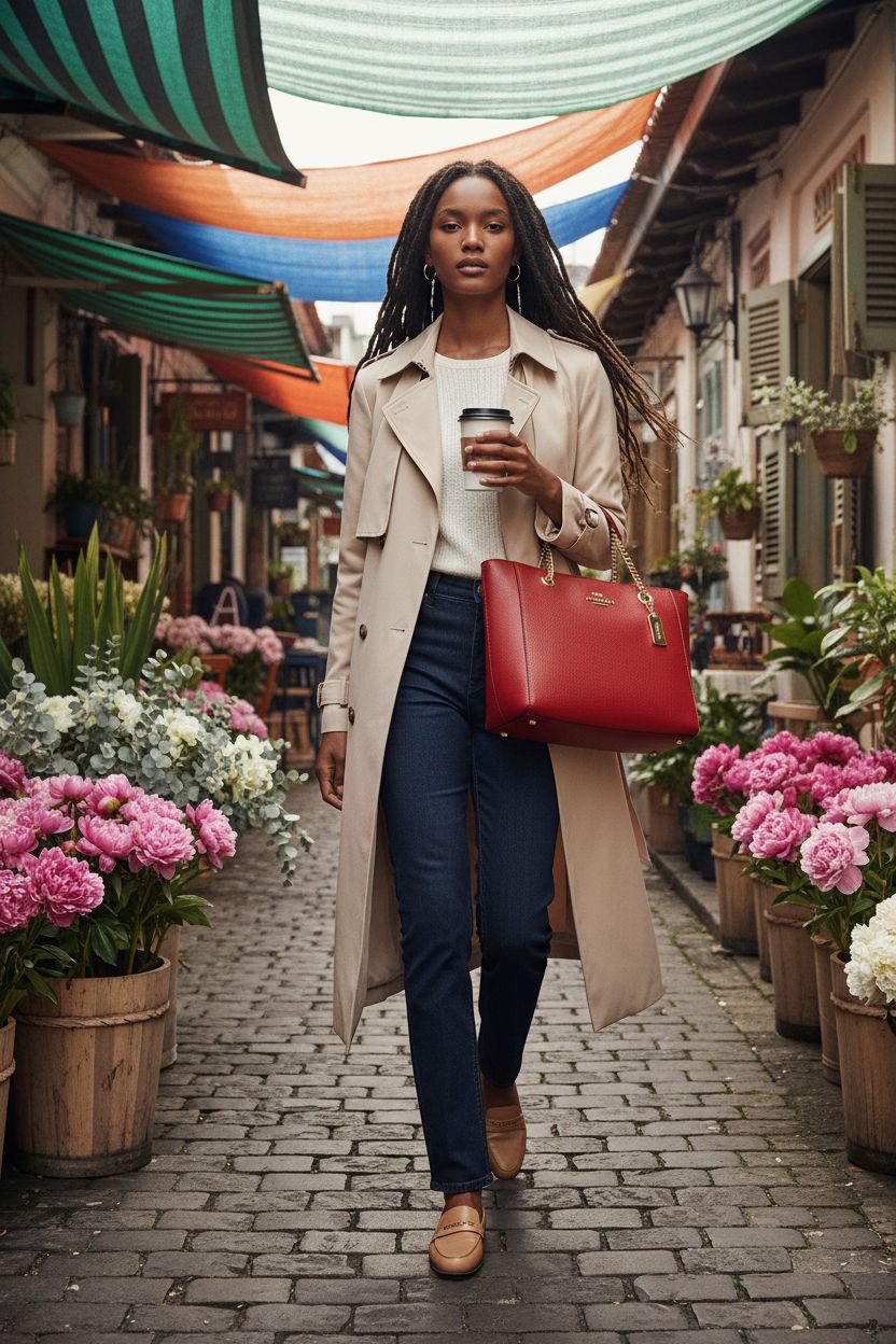 Red pebble-leather COACH Cammie Chain Tote amidst a vibrant flower market setting.