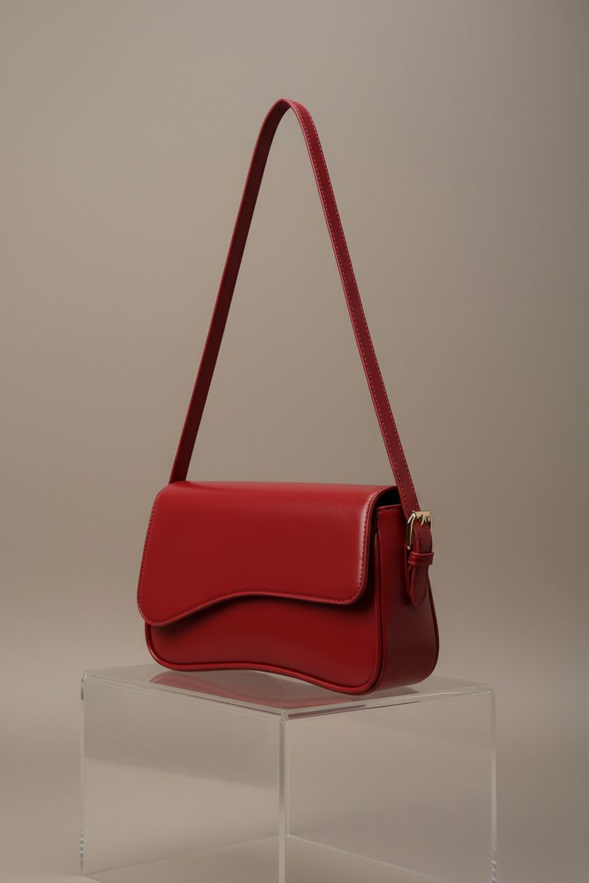 Amszke red shoulder bag highlighting its sleek design and gold hardware.