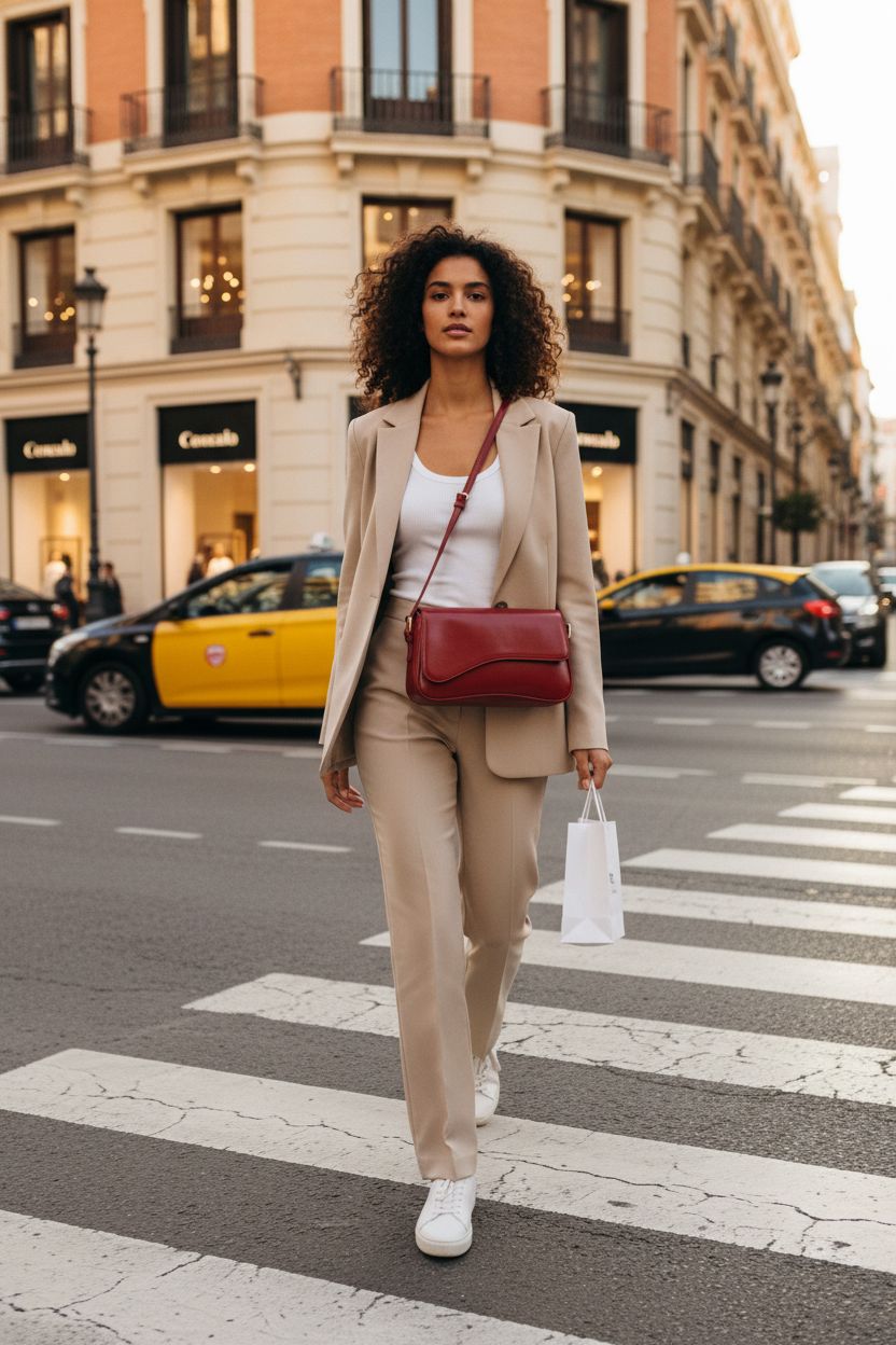 Trendy Amszke red vegan leather shoulder bag in a vibrant urban shopping scene.