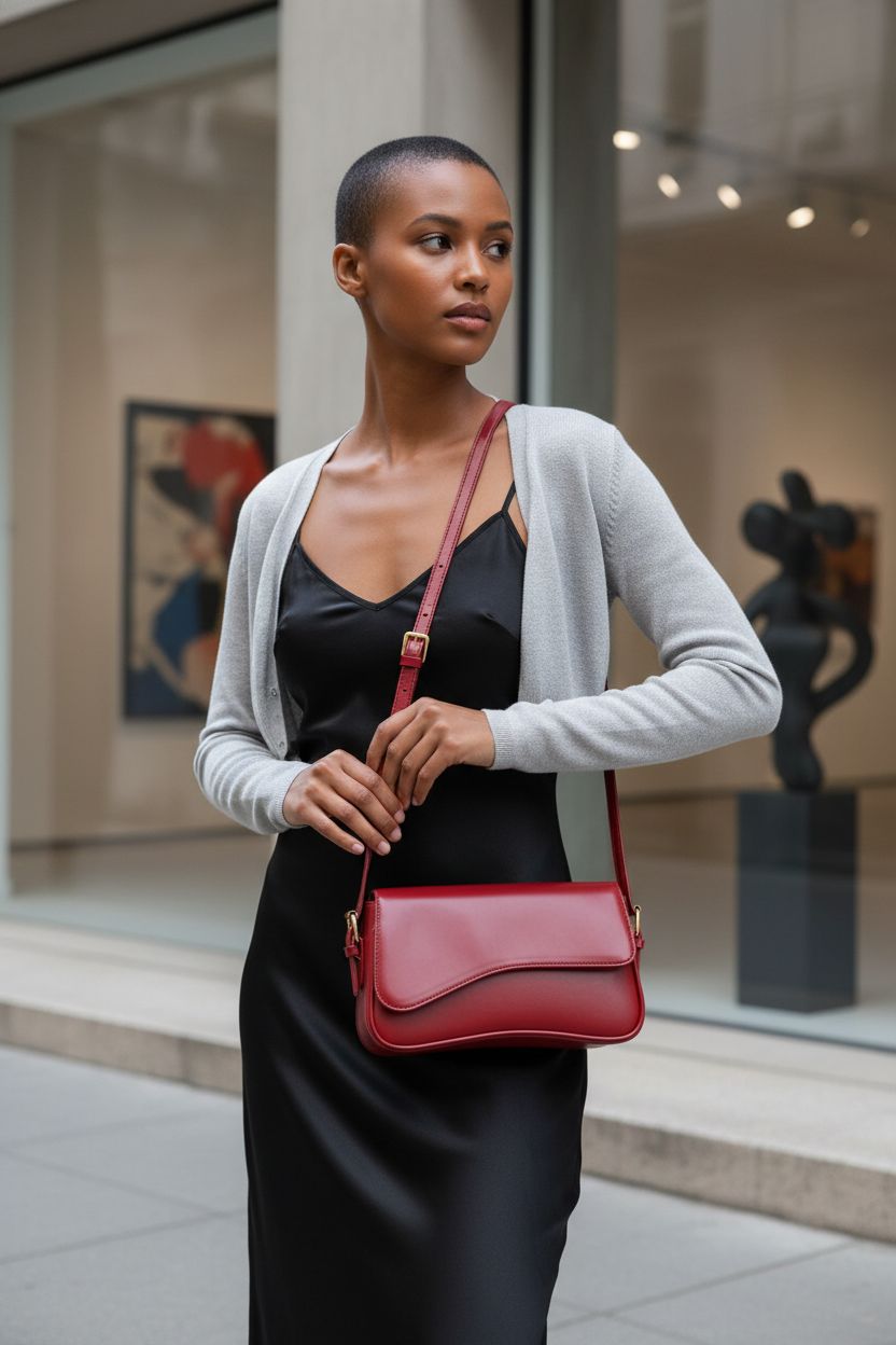 Amszke red hobo bag showcased with adjustable straps outside an art gallery.