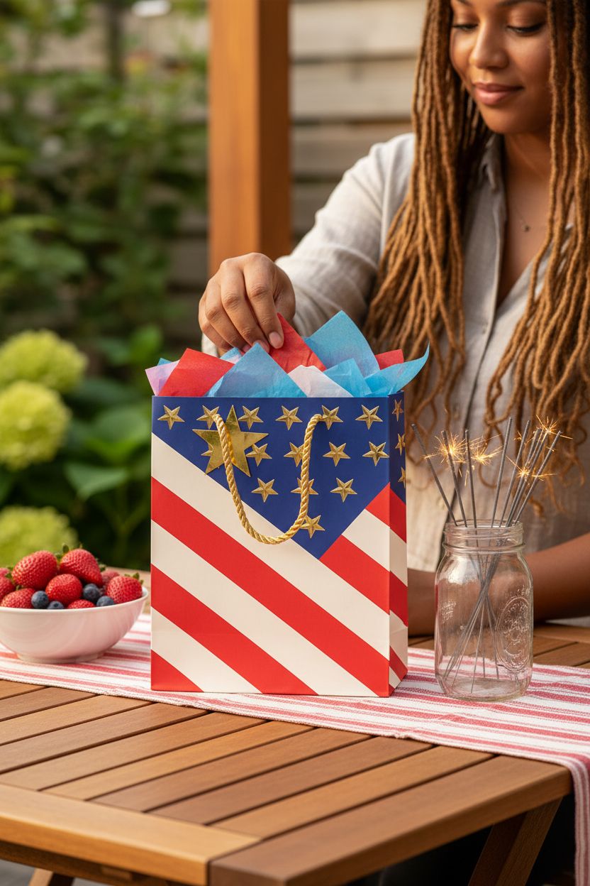 Cozy outdoor setting featuring a Suosicn US flag bag on a rustic table for gatherings.