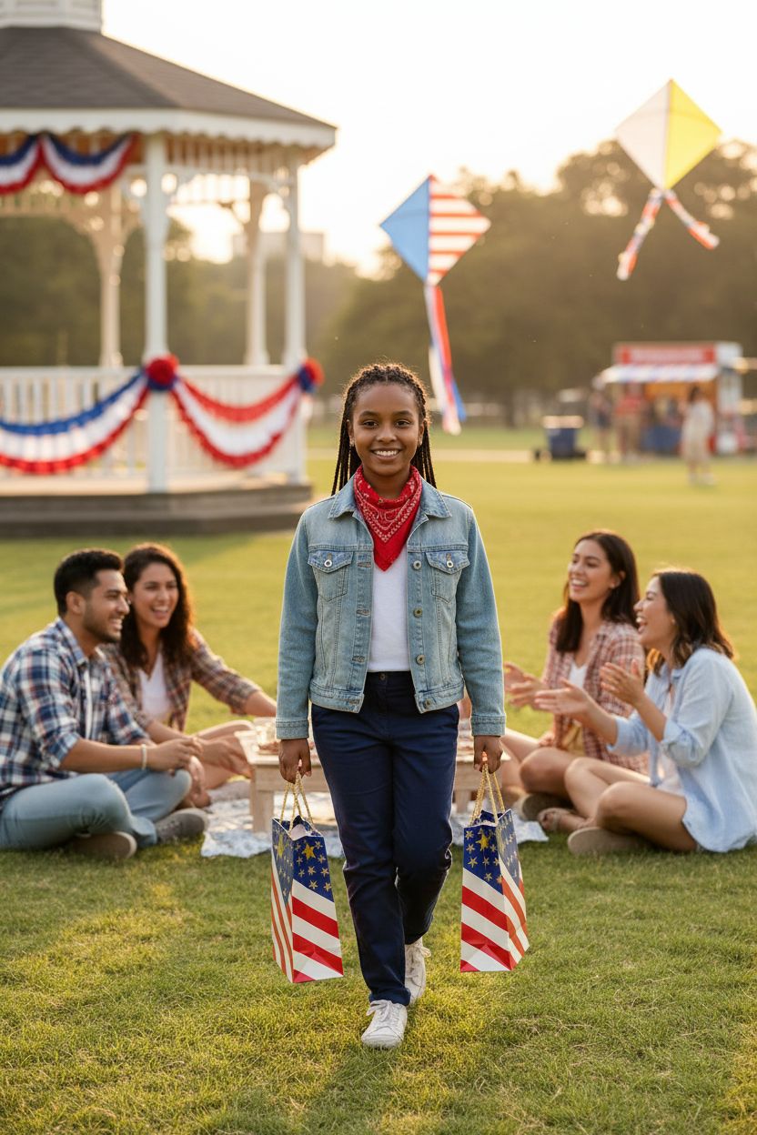 Suosicn red, white, and blue US flag gift bags held during a festive picnic setting.