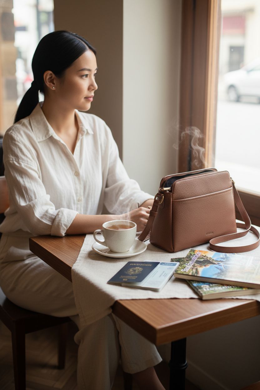 Befen real leather RFID purse resting on a café table with travel essentials.
