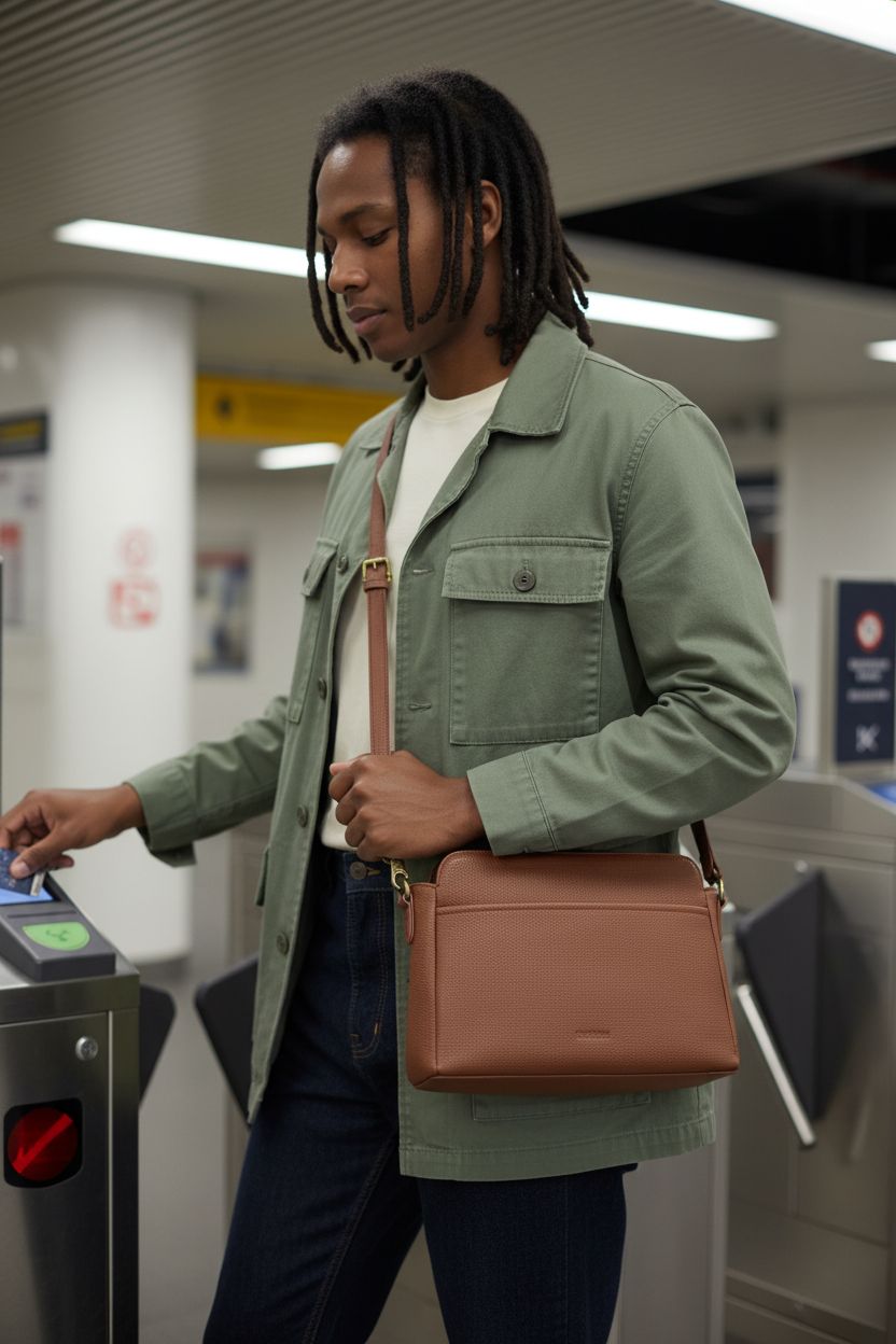 Befen real leather brown RFID purse with anti-theft features at a subway turnstile.