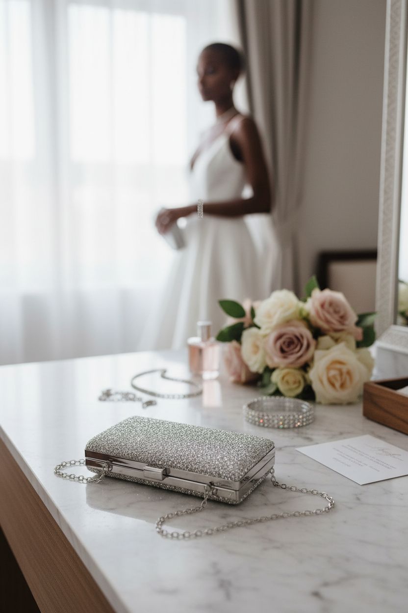 Kigeli silver rhinestone clutch resting on marble in a bridal suite, showcasing elegance for weddings.