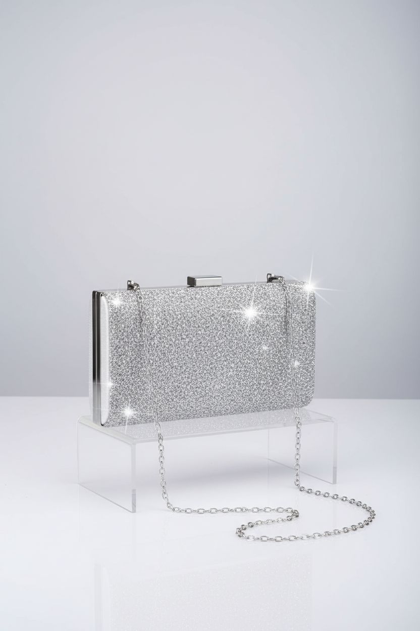 Studio shot of Kigeli silver rhinestone clutch on acrylic riser, highlighting its elegant design.