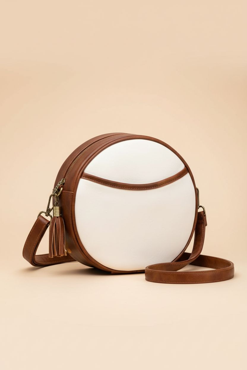 GAEKEAO vegan leather round bag displayed in a clean studio, emphasizing its sleek design.