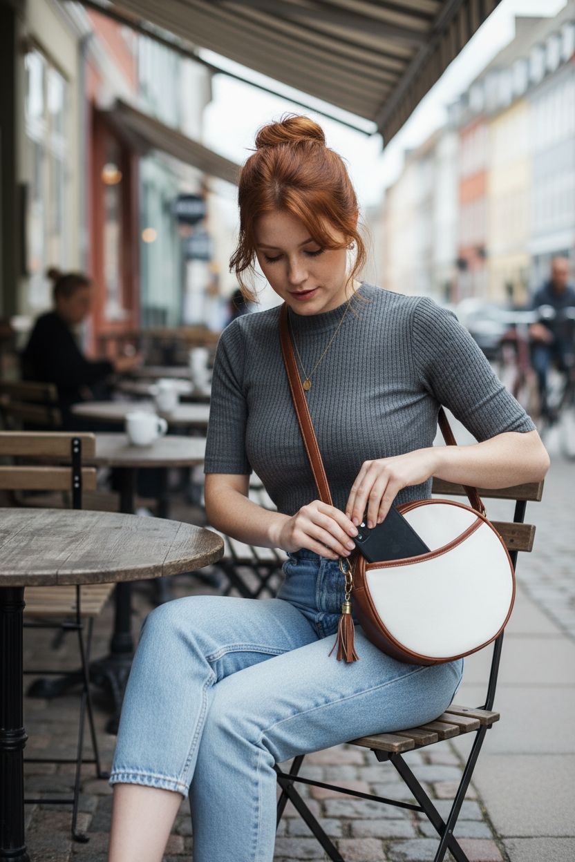 GAEKEAO vegan leather round crossbody bag resting on a bistro table, showcasing brown trim.