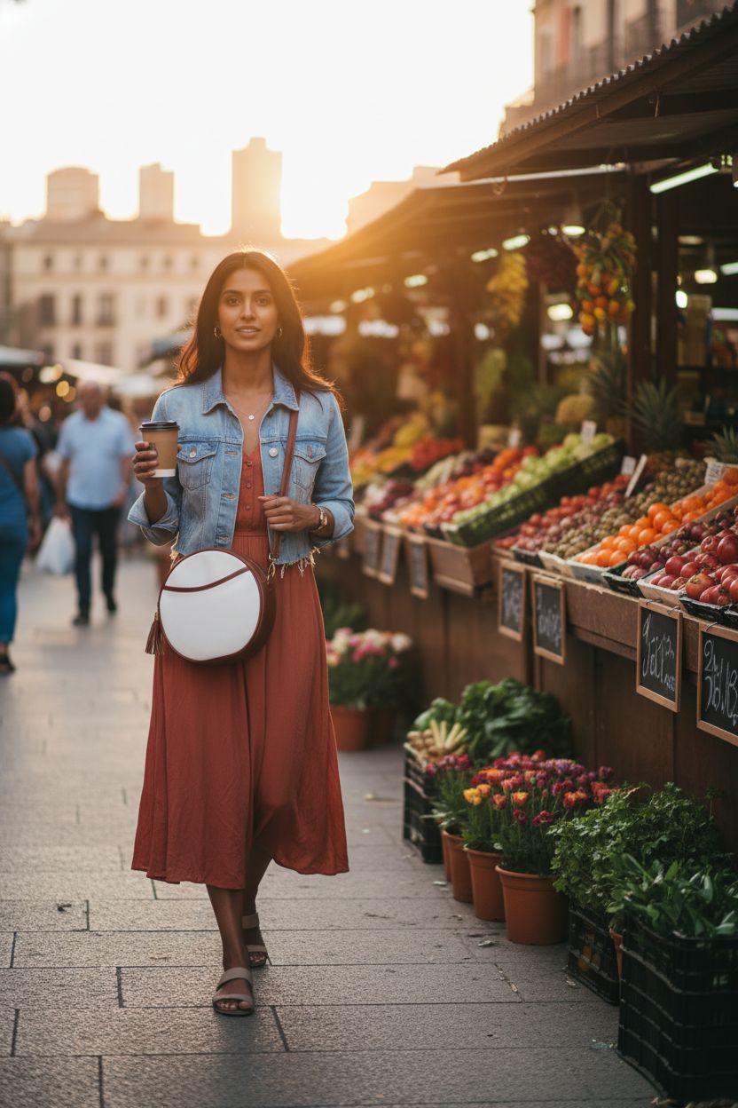 GAEKEAO round crossbody bag worn at a street market, highlighting its chic design and practicality.
