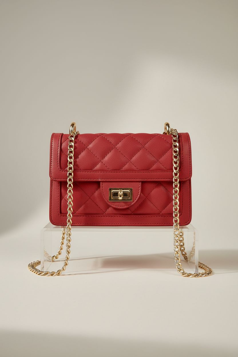 SG SUGU ruby red purse displayed on a seamless backdrop, showcasing quality craftsmanship.