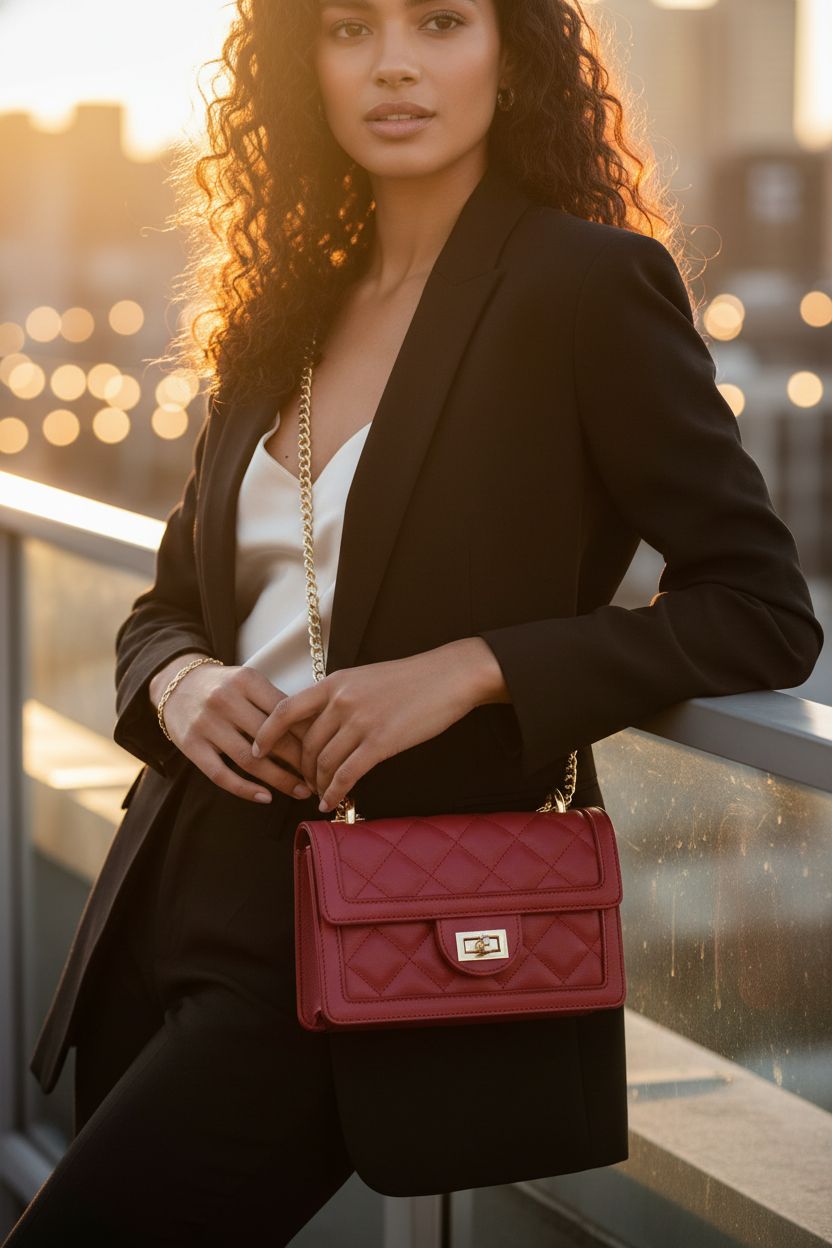 SG SUGU ruby red purse highlighted at a rooftop lounge, perfect for evening outings.