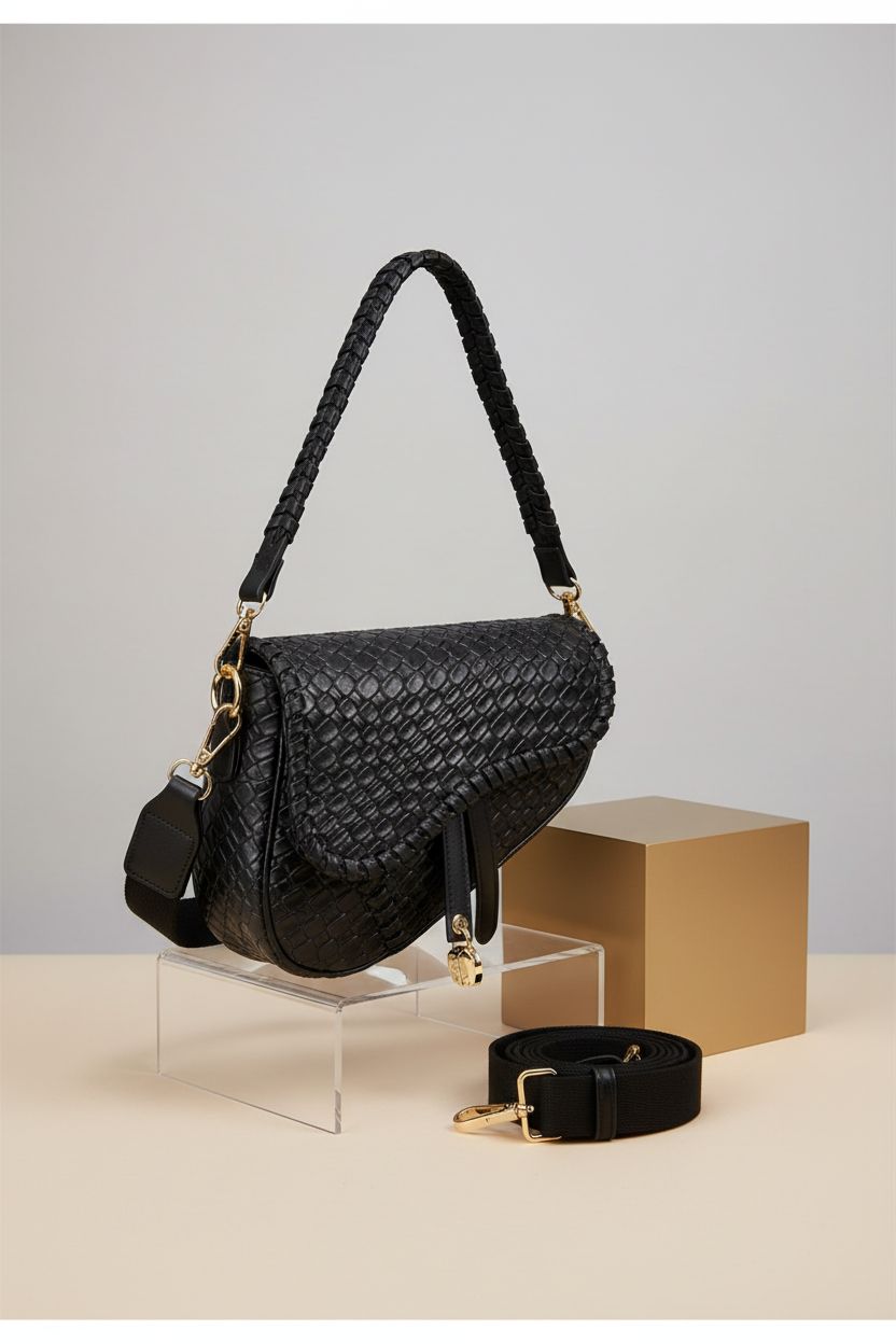 Close-up of ERWUBA saddle purse highlighting its woven texture and gold accents on display.