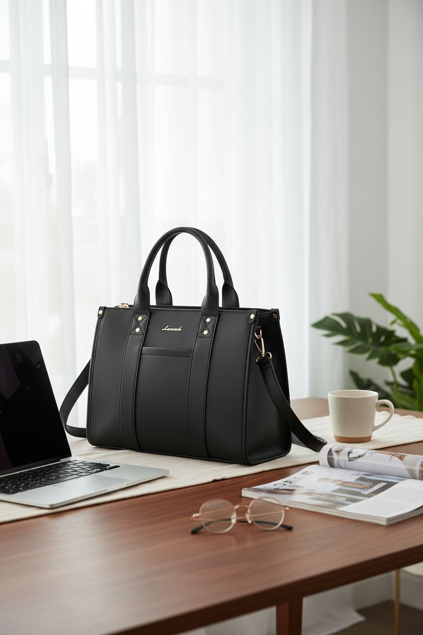 LOVEVOOK black satchel purse on a home office desk, highlighting its chic design.