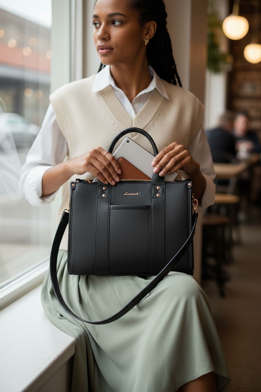 LOVEVOOK black satchel purse on lap in cozy café, showcasing versatility and style.