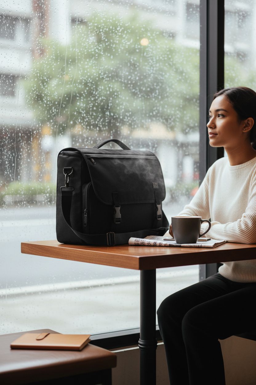 MATEIN satchel bag resting on a table in a cozy café, perfect for work or study