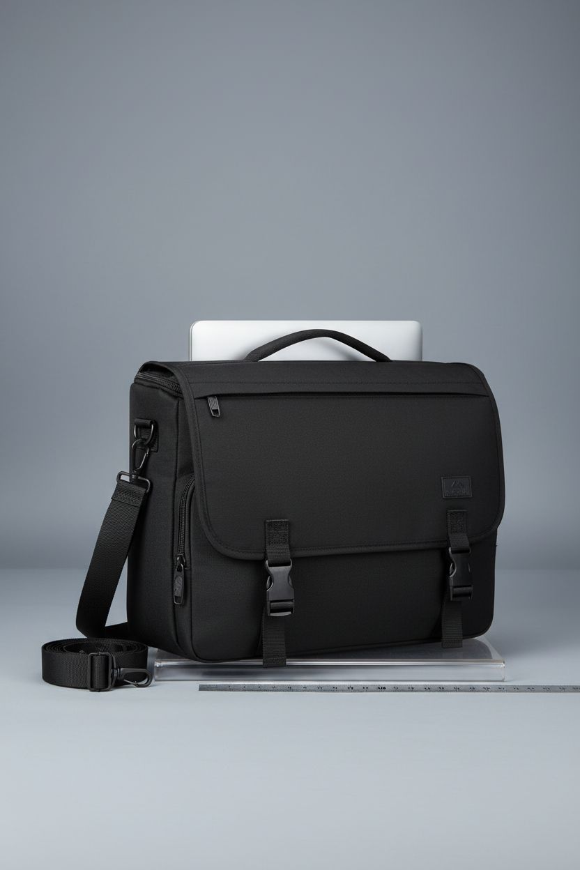 MATEIN black messenger bag on a gray background, showcasing design and features