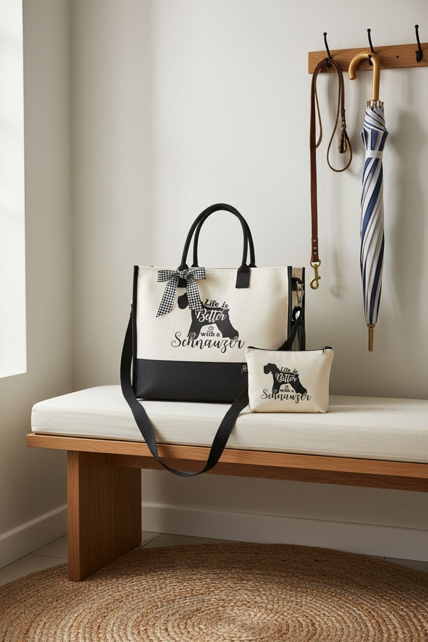 InnoBeta schnauzer tote bag on an oak bench, styled with a leash and umbrella, perfect for pet owners.