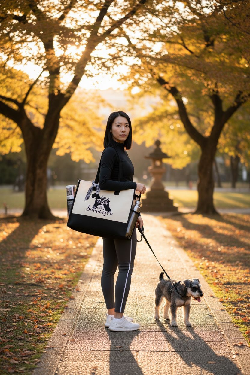 InnoBeta black-and-ivory schnauzer canvas tote bag in a park, featuring a dog, bottle, and magazine.