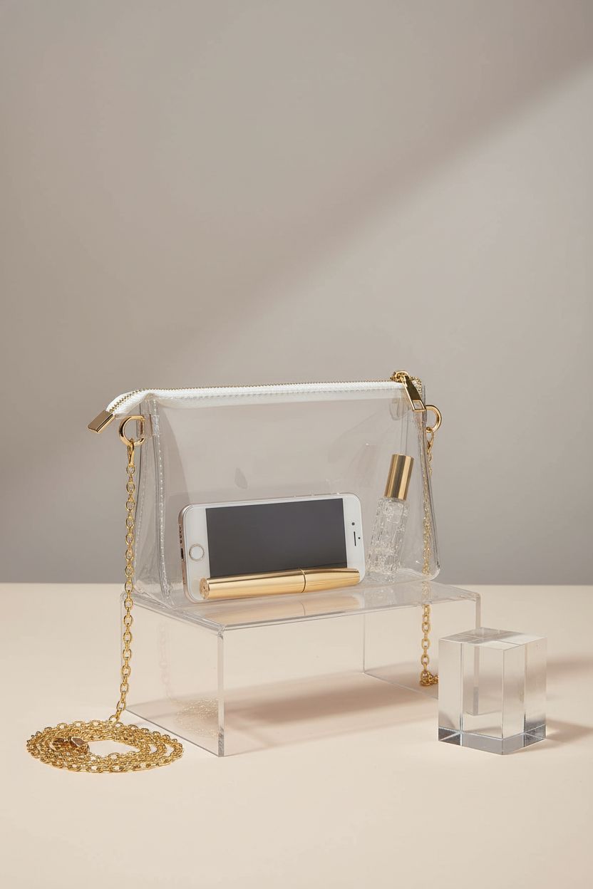 BS-VOG clear purse elegantly displayed on an acrylic riser, highlighting its design and quality