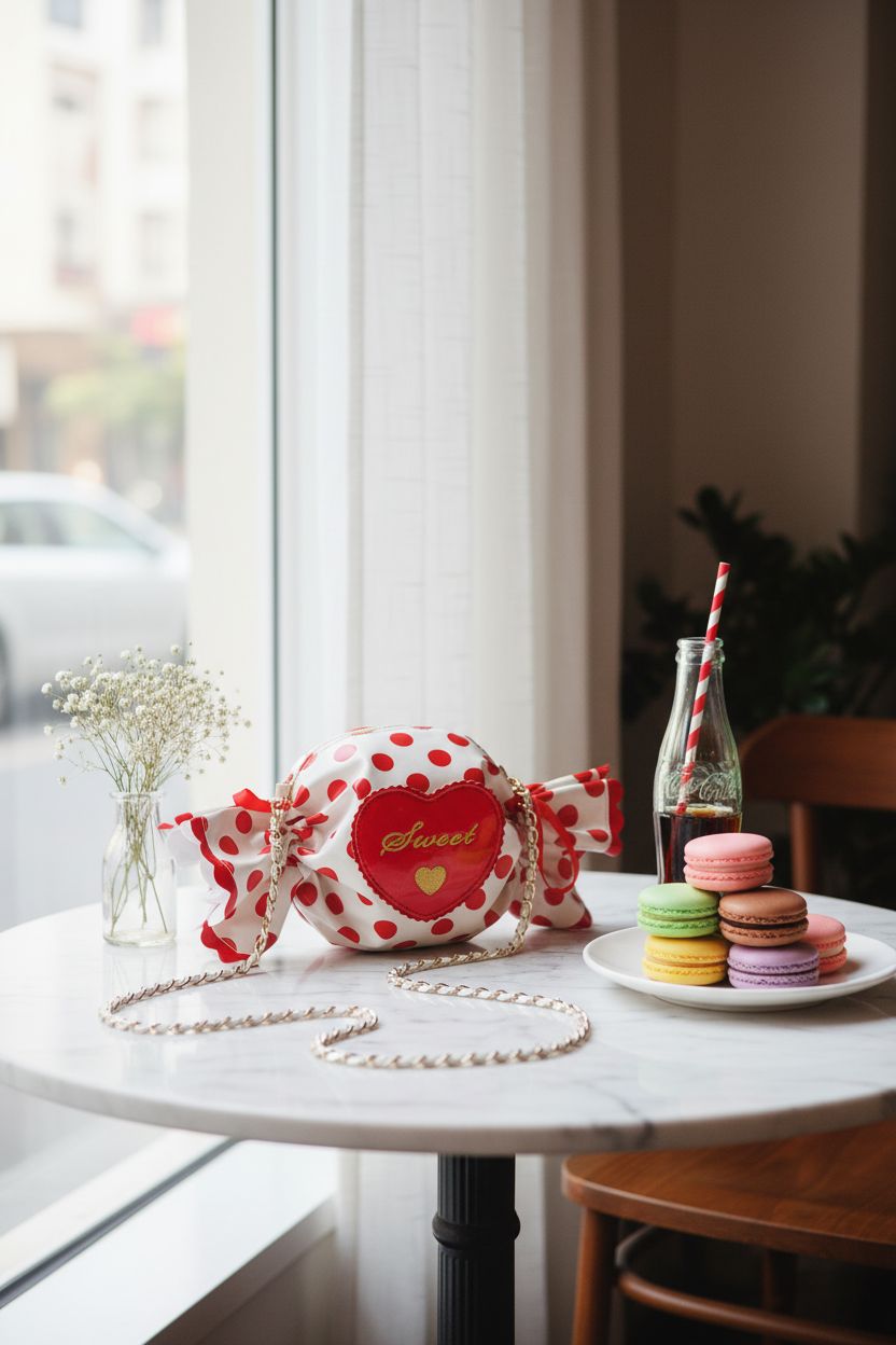 KUANG! candy-shaped purse on a marble table with macarons and flowers, creating a cozy café mood.