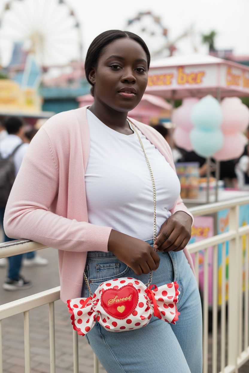 KUANG! candy-shaped purse with bow and heart patch, stylishly resting against a pastel rail.