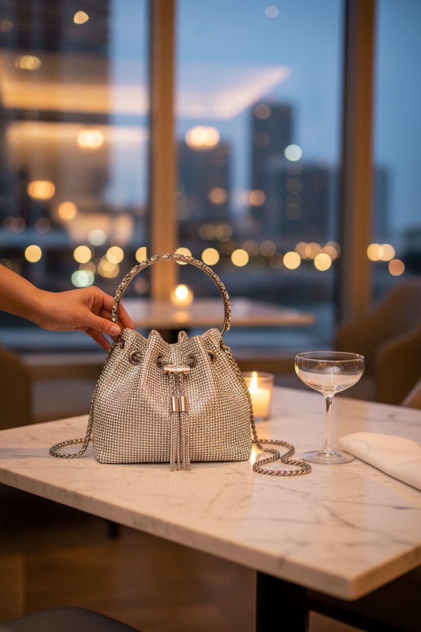 Glamorous Sweetovo rhinestone bucket bag showcased in a cozy hotel lounge setting