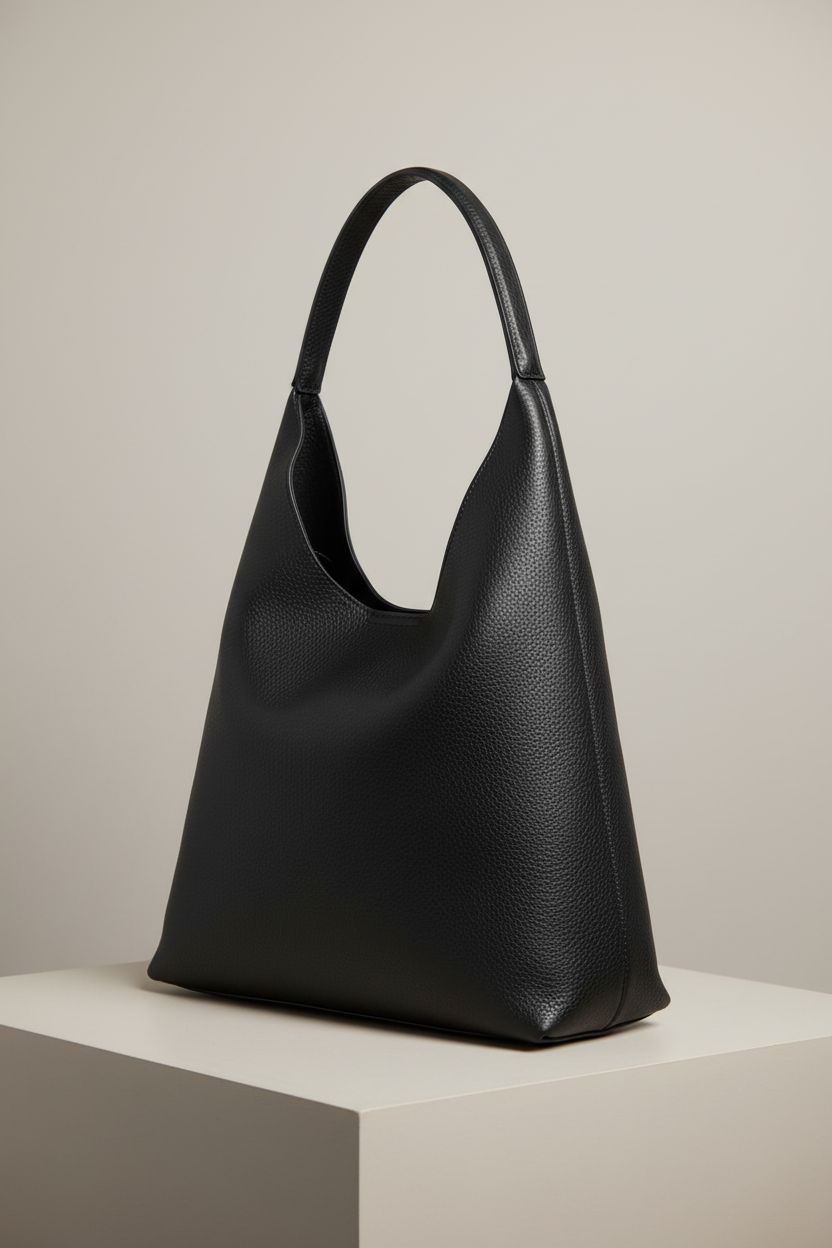 Close-up of HOXIS black vegan leather shoulder bag showcasing pebbled texture and fine details.