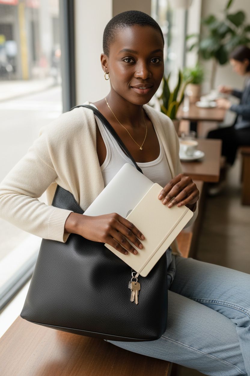 HOXIS black vegan leather shoulder bag with laptop and notebook, stylish and functional.