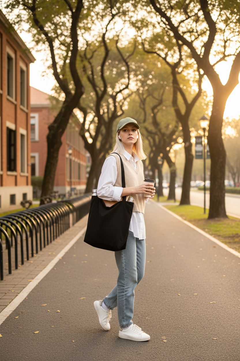 Iioscre black corduroy tote bag on a college quad, showcasing its large capacity and casual style.