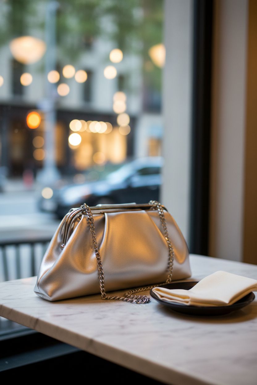 YUWITA silver clutch elegantly displayed on a marble table in a cozy café setting.