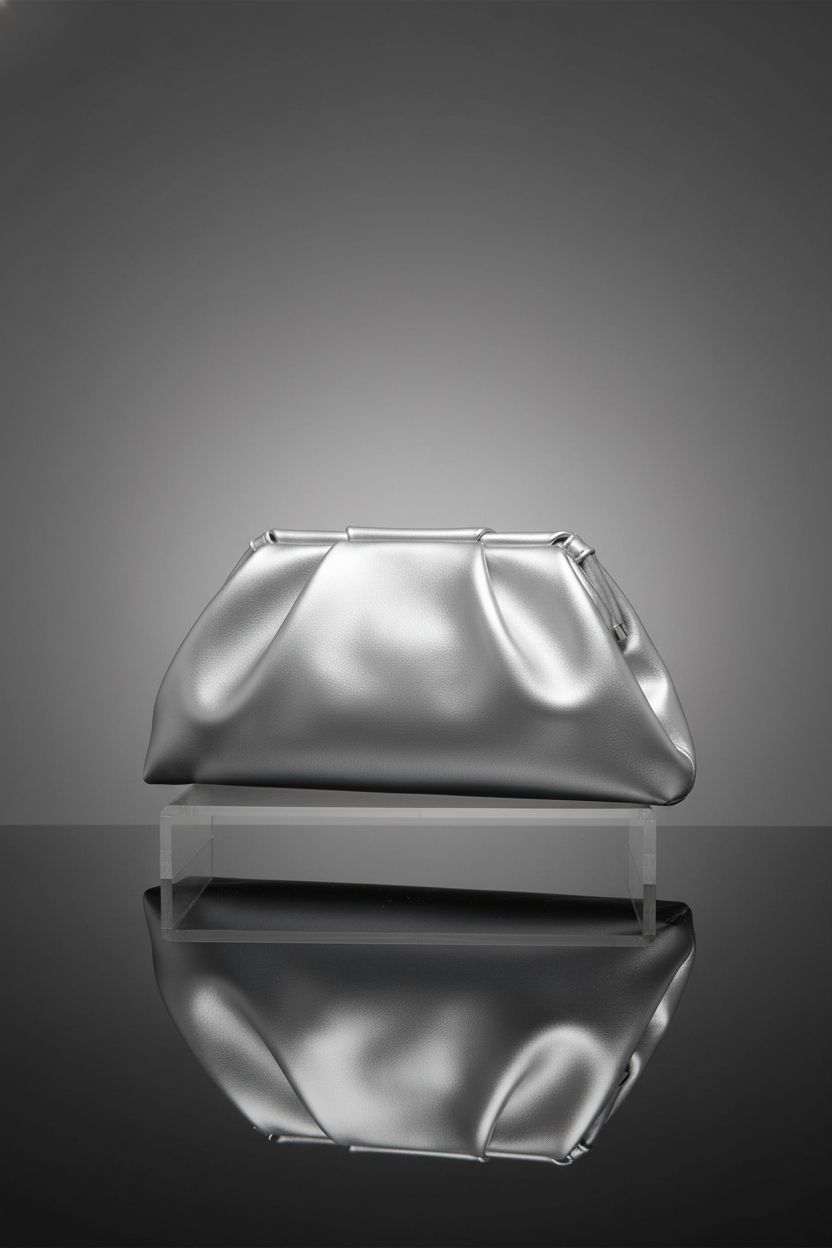Product shot of YUWITA silver clutch showcasing its sleek design and magnetic closure.