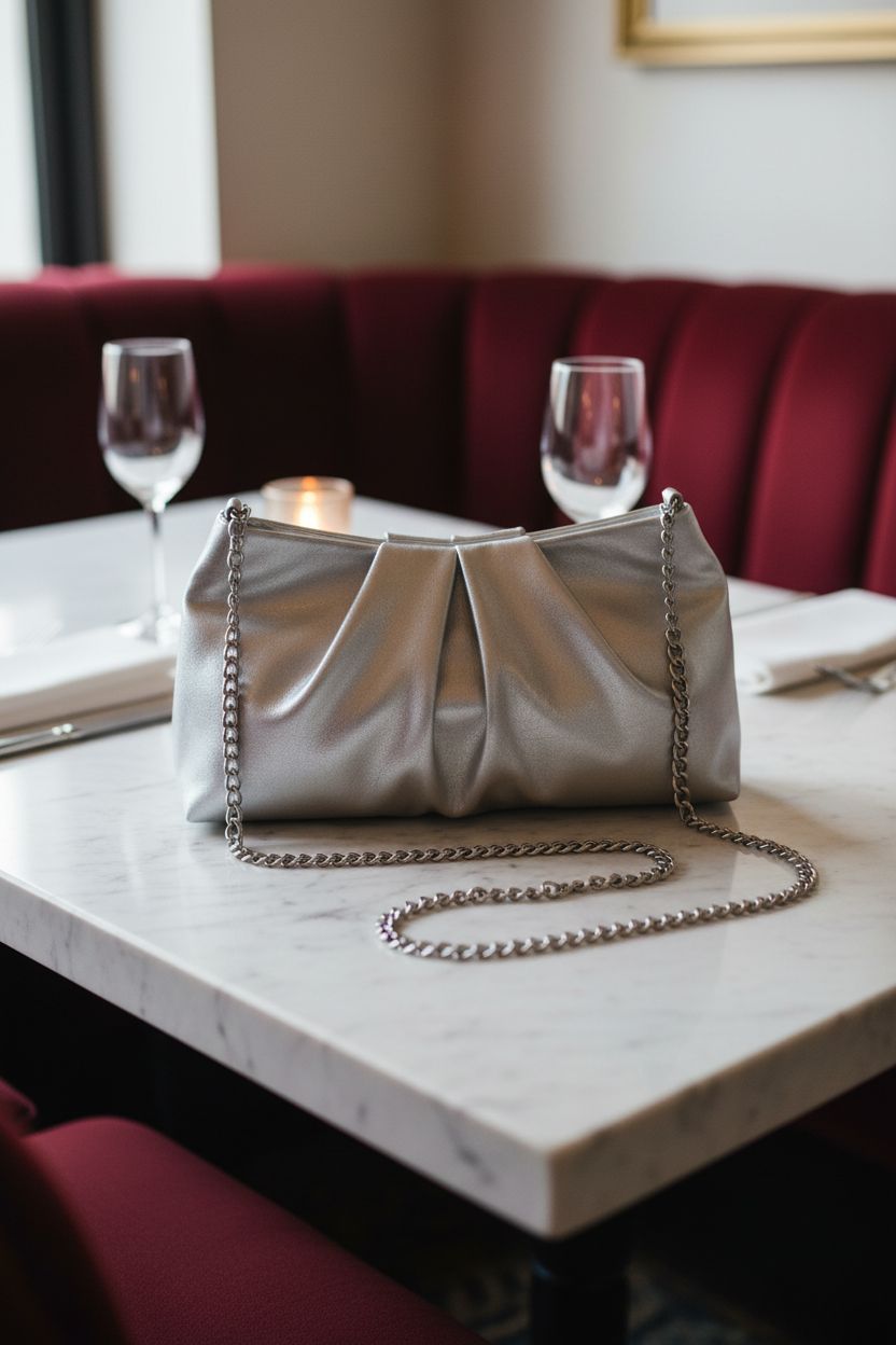 FLAIRFOLIO silver evening bag elegantly placed on a marble table in a cozy lounge.