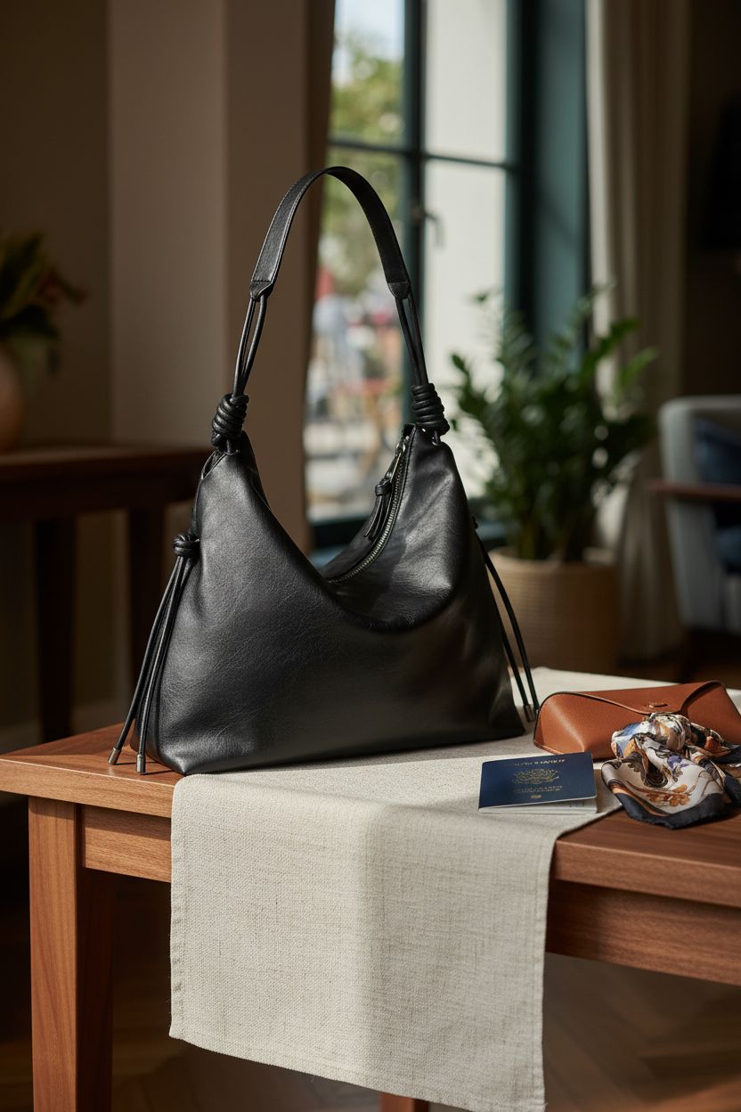 MUHUASHI hobo bag resting on a console, surrounded by travel essentials