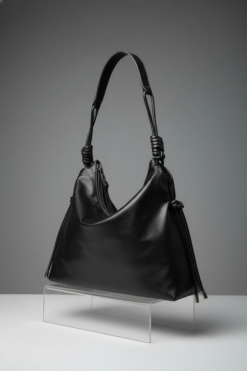 MUHUASHI black hobo bag displayed in a studio with detailed craftsmanship visible