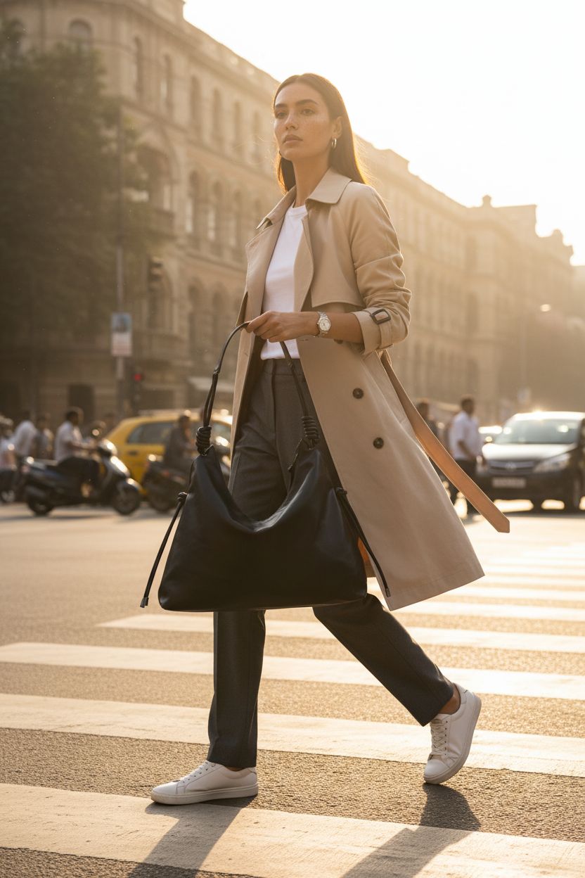 MUHUASHI black hobo bag with silver hardware captured in urban morning light