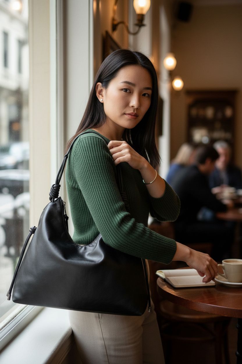 MUHUASHI soft hobo bag with knotted strap at a café, showcasing its sleek design