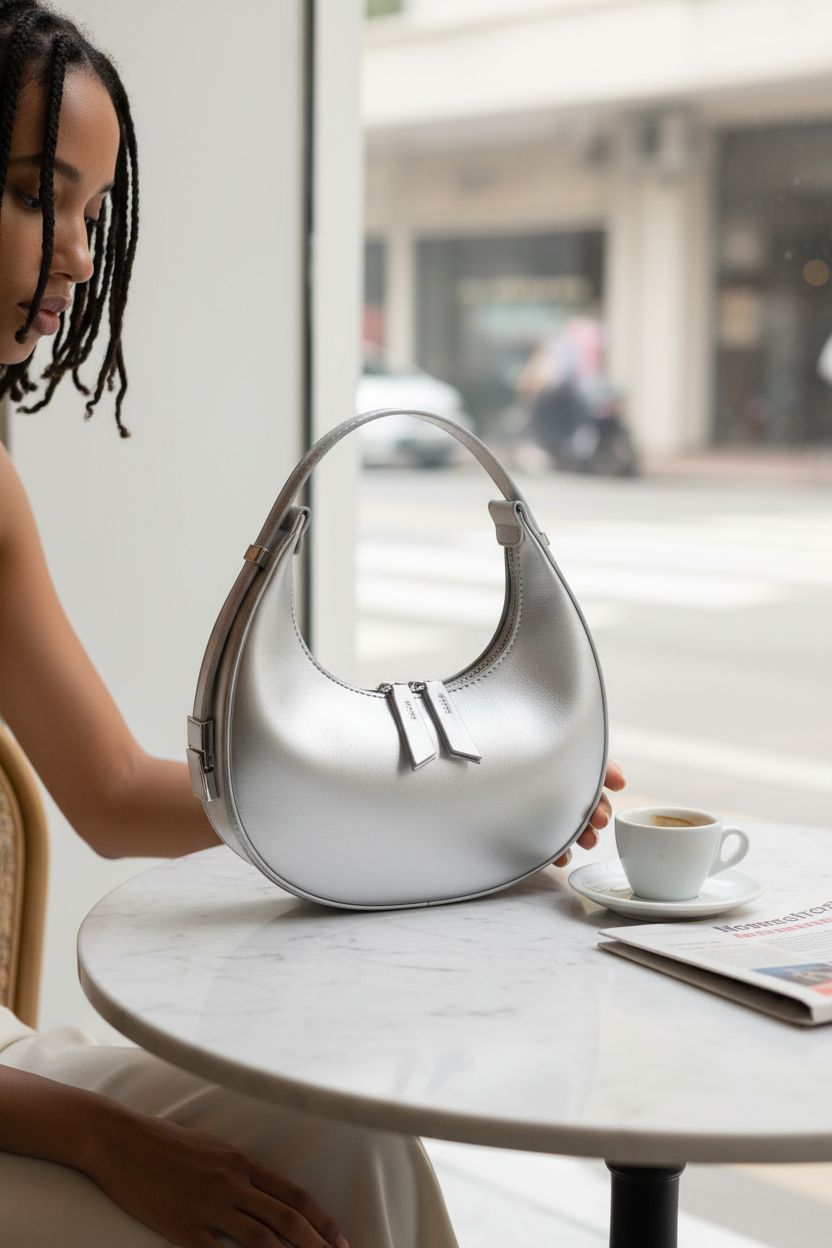 Elegant silver FantasyBear purse beside coffee and newspaper in a cozy café, perfect for daily use.