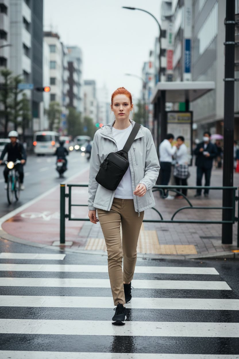 Higouta mini sling bag worn snugly across the chest on a rainy day, showcasing its sleek design.