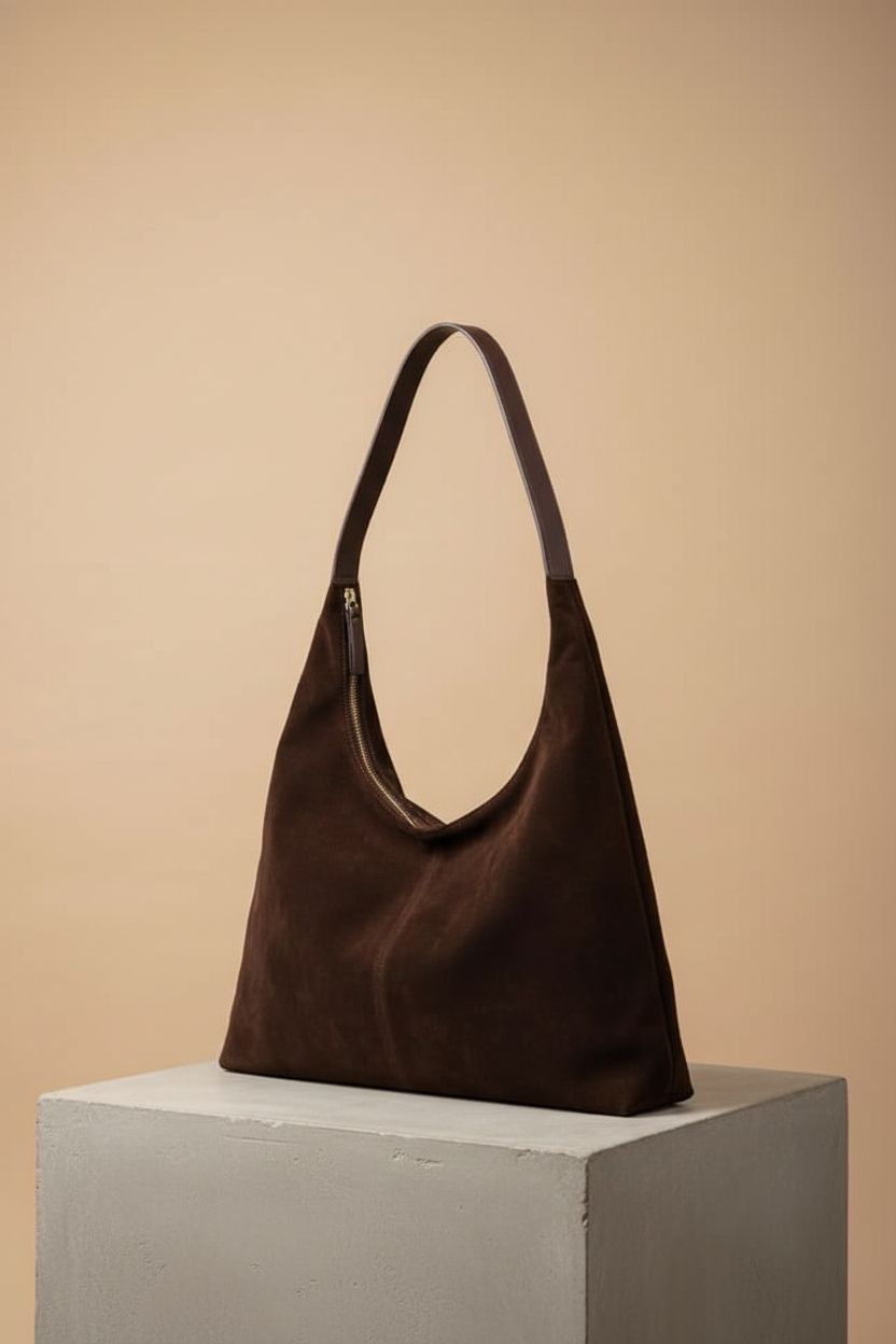 Product shot of Jusavie's stylish crescent tote bag highlighting premium suede and clean design.