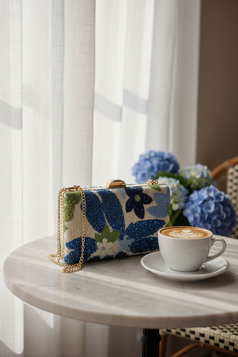 QWINEE beaded purse on a marble table with flowers, ideal for brunch settings.