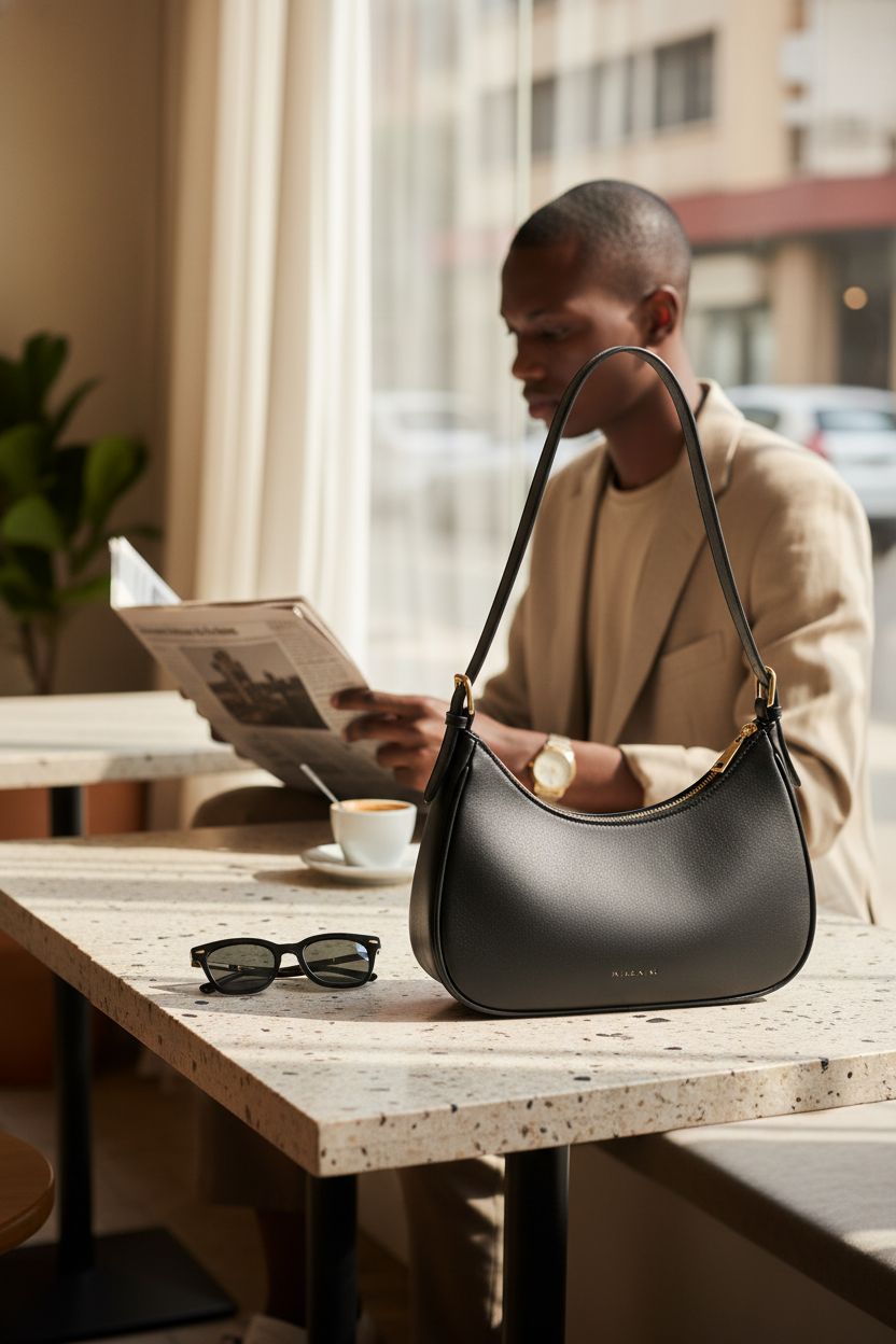 Missnine small black purse resting elegantly on a cafe table, embodying everyday sophistication and style.