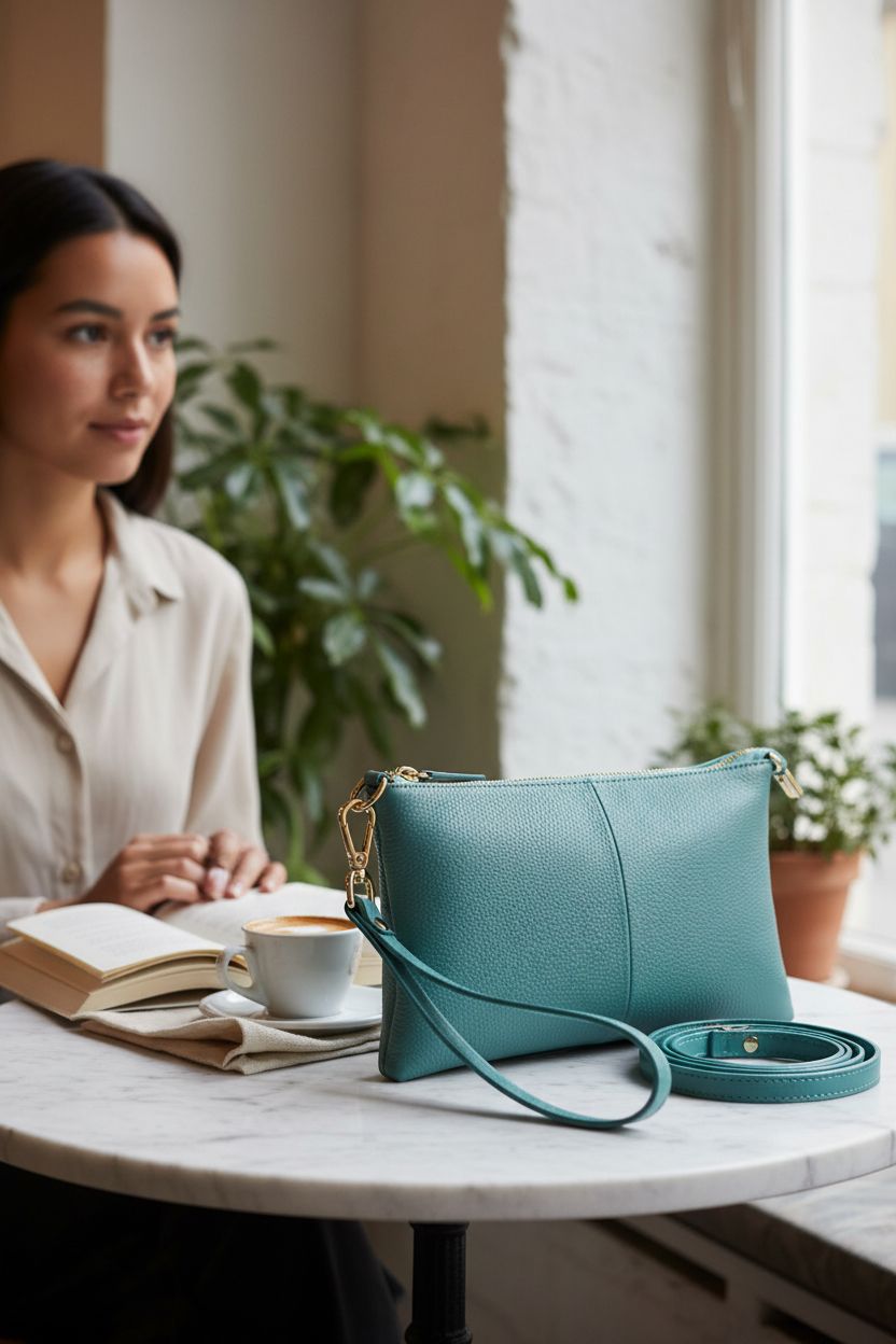 Beurlike teal clutch resting on a cafe table, adds elegance to cozy settings.