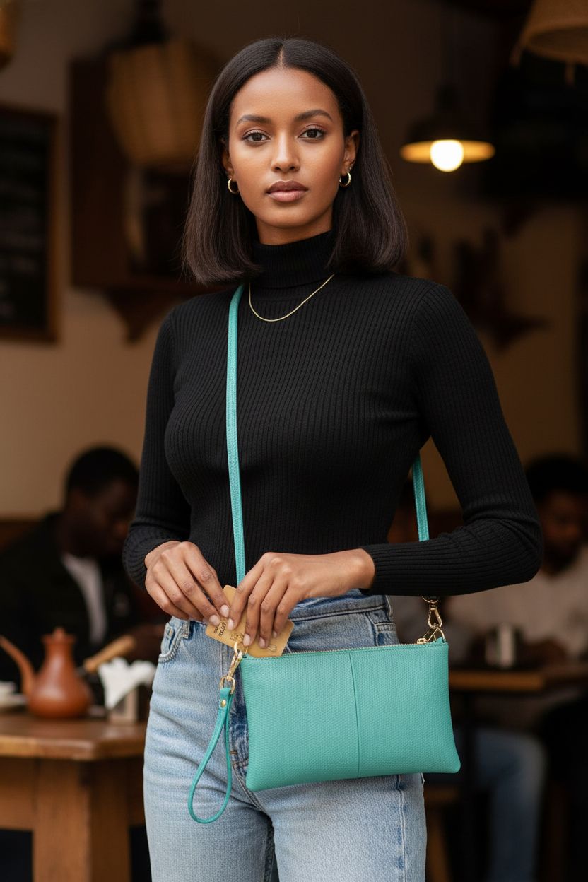 Beurlike teal leather wristlet clutch purse with card slot, stylish and functional.
