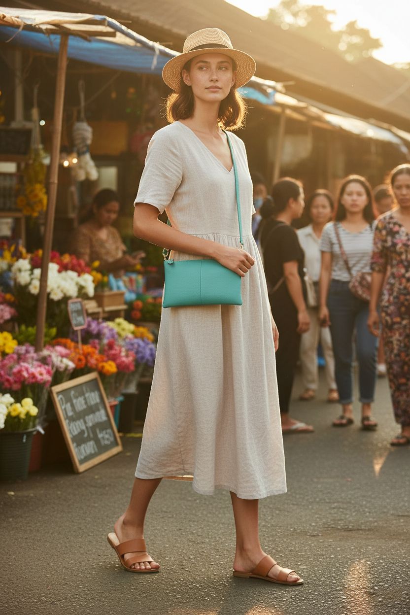 Beurlike teal wristlet worn crossbody at a vibrant market, perfect for outings.
