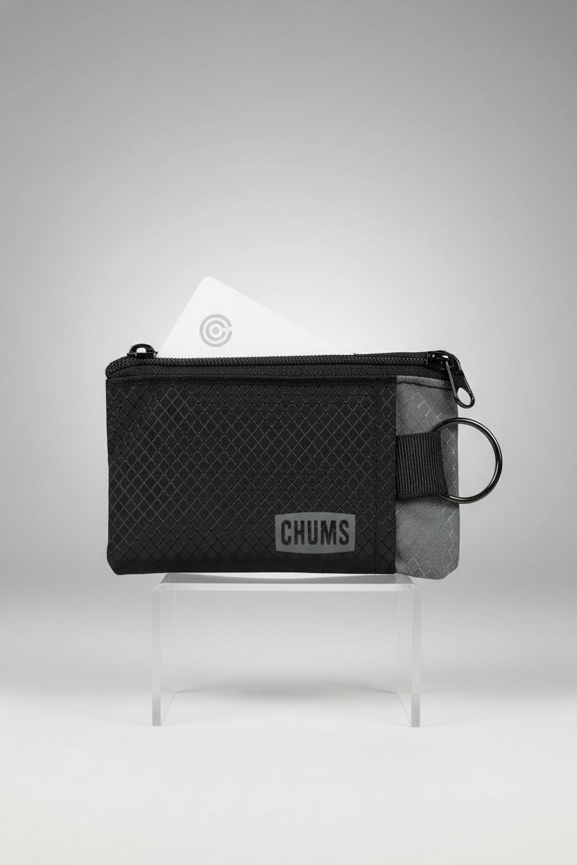 Chums Surfshorts Wallet displayed on a studio set, showcasing RFID protection and sleek design