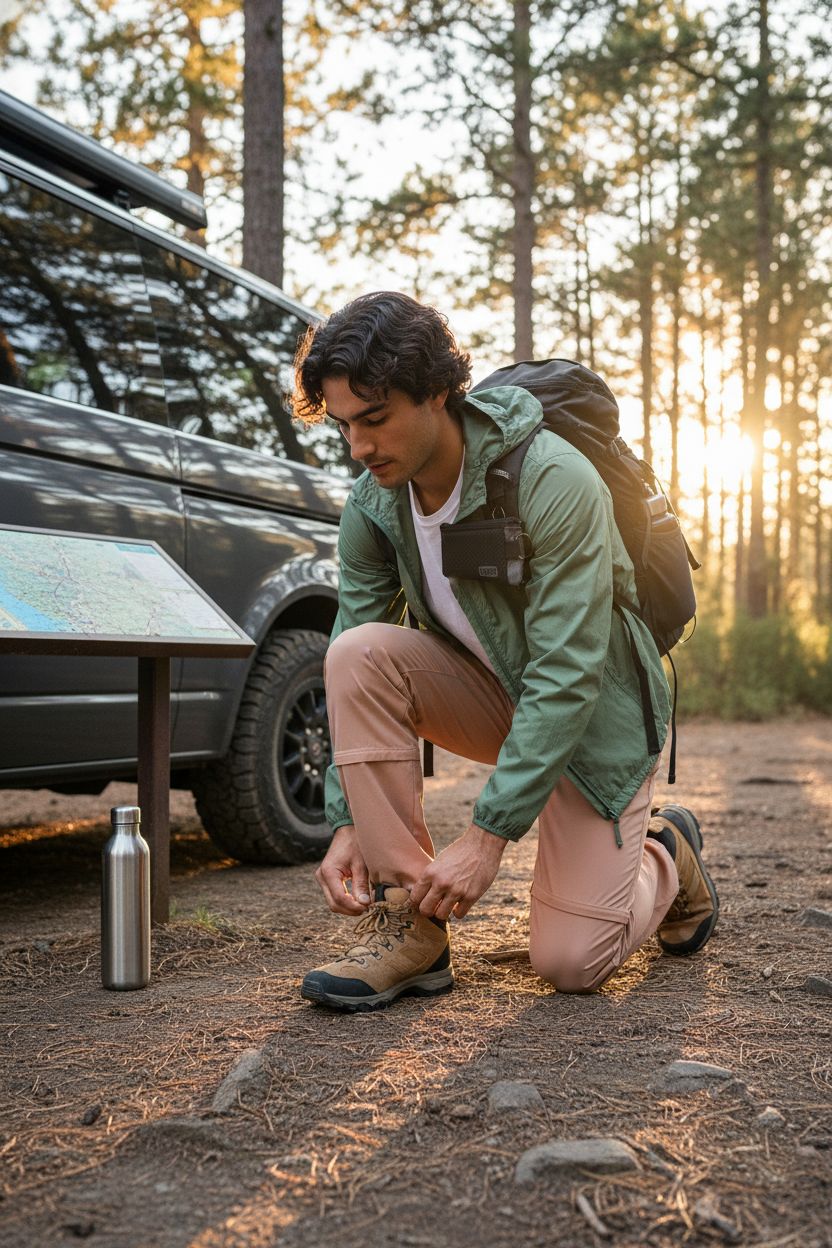 Chums Surfshorts Wallet clipped to a hiker's shoulder strap at a sunrise trailhead, ready for adventure