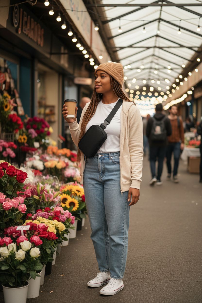 WITROMAN black crossbody bag featured at a vibrant urban market, perfect for daily outings.